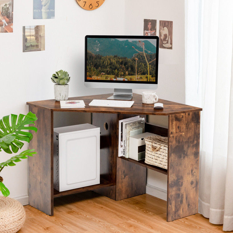 Corner Computer Desk Triangle Writing Workstation with Storage Shelf-Rustic BrownCostway Gallery View 9 of 14